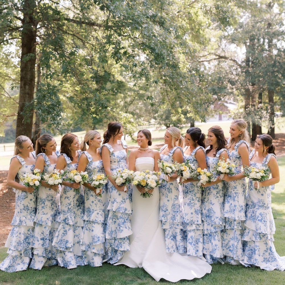 Dessy Collection Floral Print Ruffle Tie Strap Gown Bridesmaid Dress